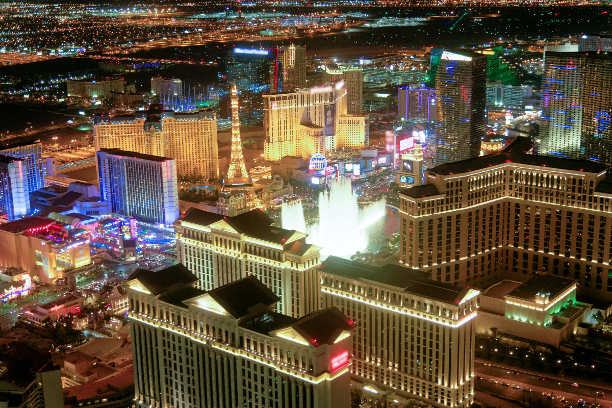 Las Vegas Strip Casinos at night from the helicopter. Night lights of Nevada, USA.